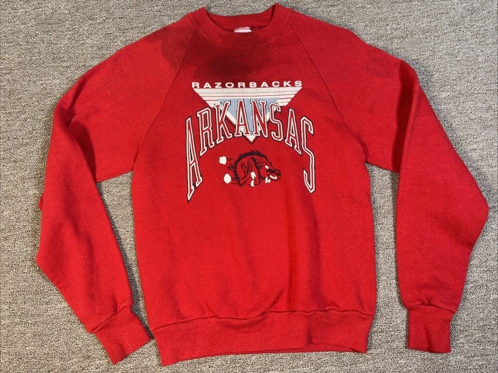 Vintage 80s Arkansas Razorbacks Youth Sweatshirt Stained Large Red